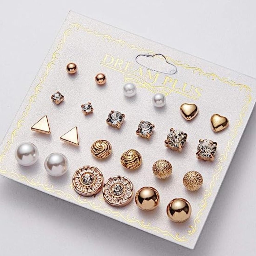 😍12 PAIR 14K GOLD SILVER SIMPLE CLASSIC CRYSTAL PEARL SPARK STUD EARRINGS, F273 - Picture 4 of 12